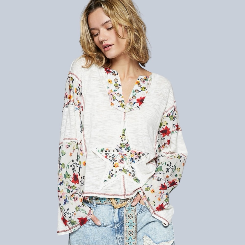 POL Floral Patchwork Top - White and Multicolor